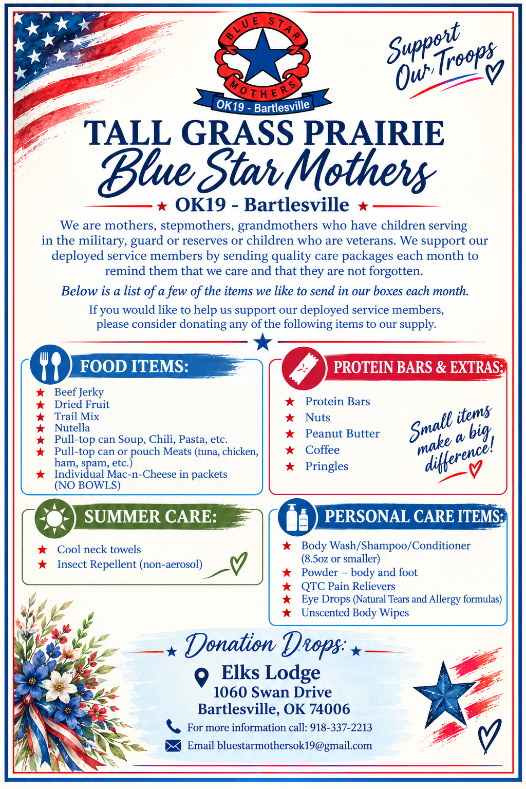 Blue Star Mothers OK19 donation flyer listing care package items needed for deployed troops